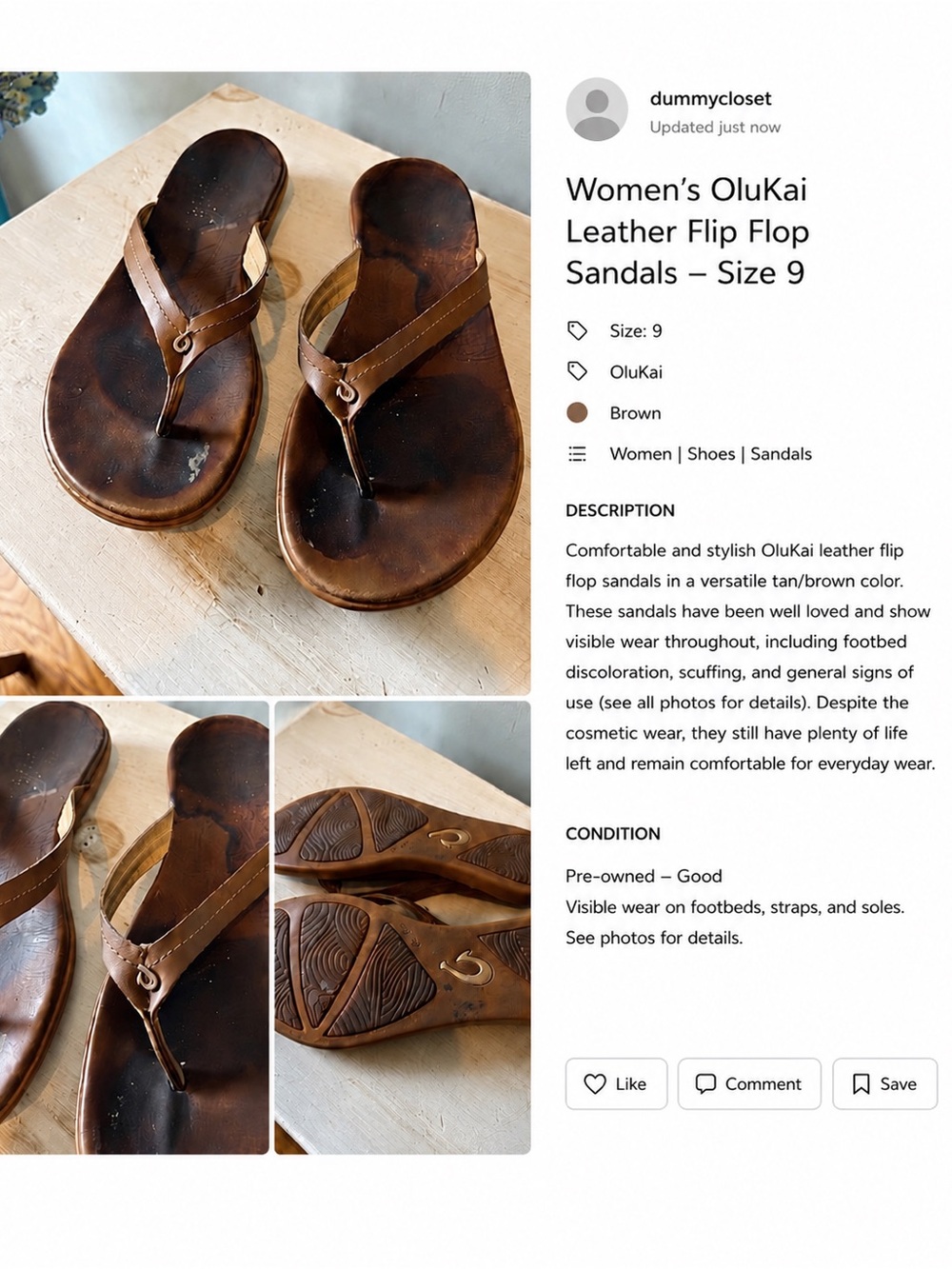 OluKai Women's Brown Leather T-strap Flip Flop Sandals